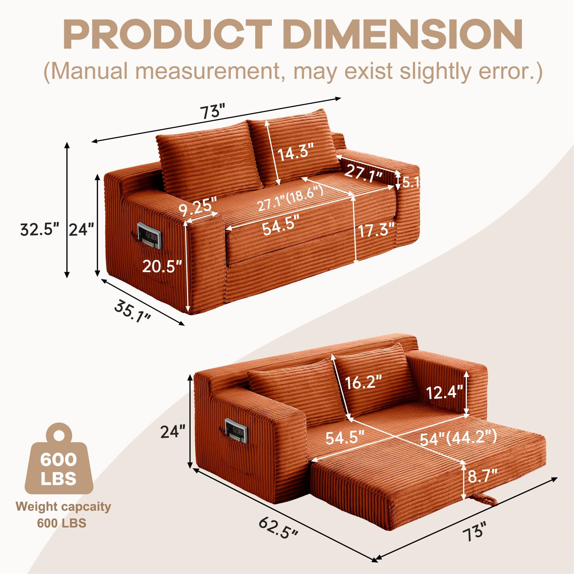Aukfa 73" Chaise Futon Convertible Sofa Bed Boneless Couch, 2 Pillows&Side Pockets, Queen Size, Corduroy, Orange