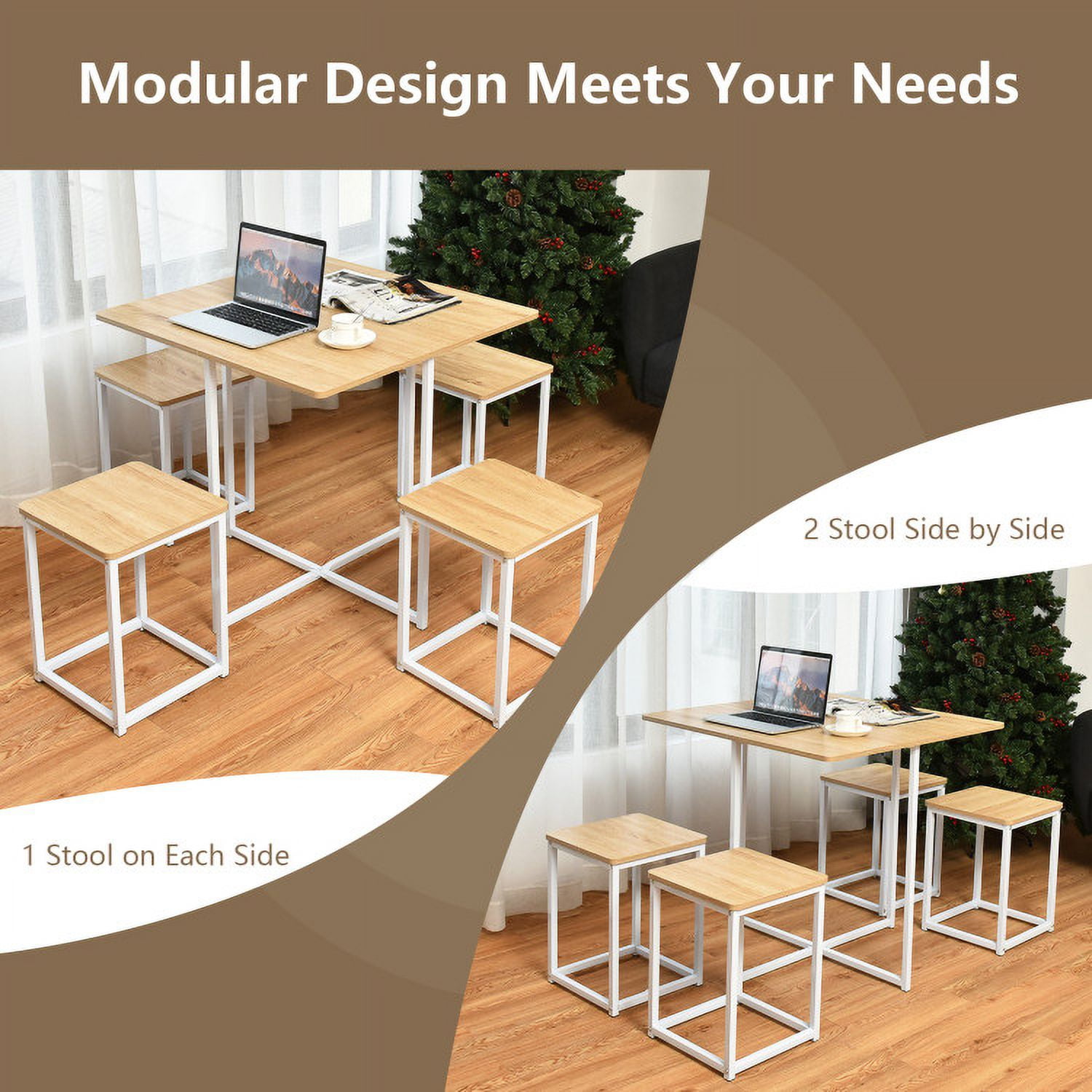 Finihen Dining Set, Dining Table Set, 5 Pieces Metal Frame Dining Set with Compact Dining Table and 4 Stools, for Home, Restaurant, Natural Finihen Dining Set, Dining Table Set, 5 Pieces Metal Frame Dining Set with Compact Dining Table and 4 Stools, for Home, Restaurant, Natural