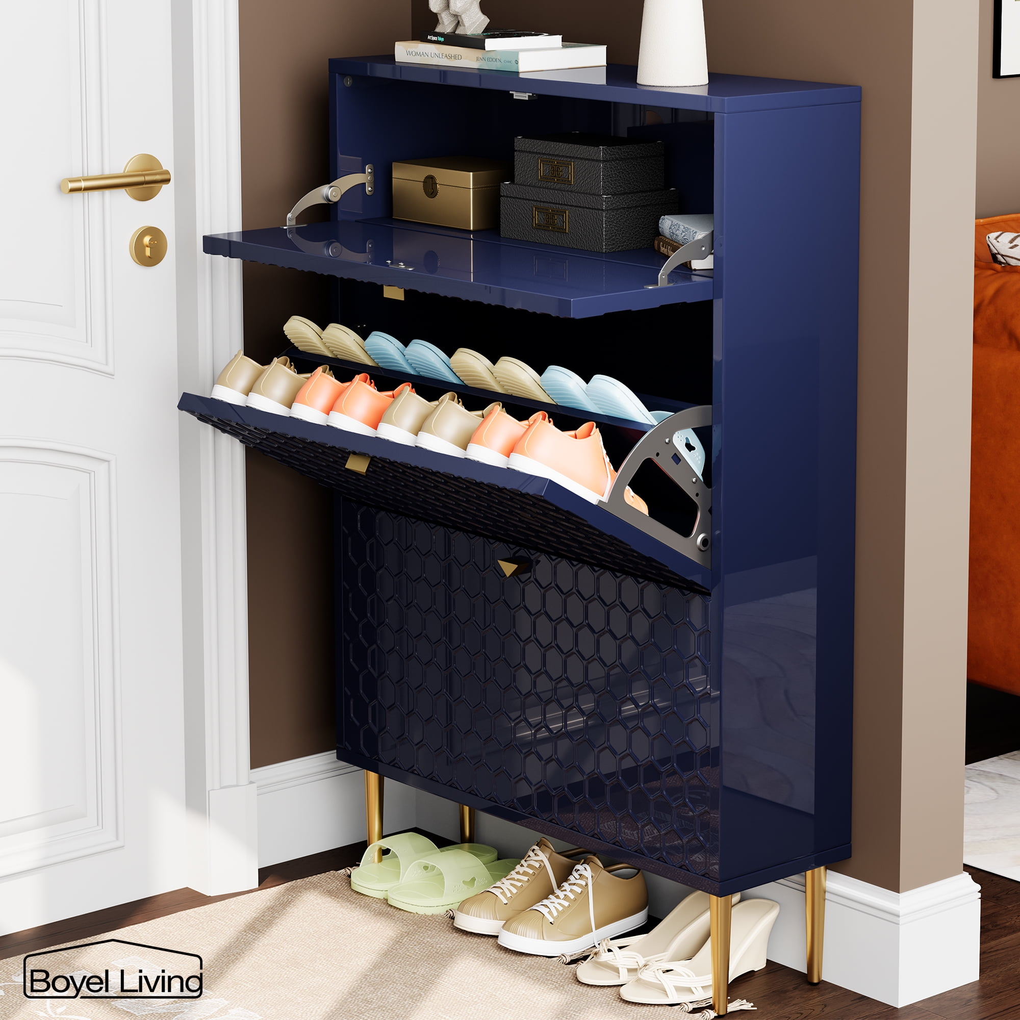 Boyel Living Shoe Cabinet Blue 24 Pair Entryway Shoe Storage Organizer Flip Drawers for Bedroom Closet Shoe Rack Shelf Organizer Modern Wooden Storage Shoe Organizer Cabinet Walmart