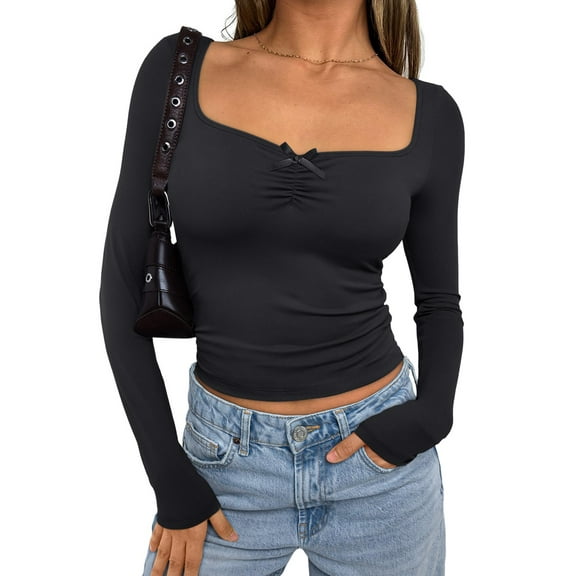 Michellecmm Women Crop Fitted Tops Summer Solid Color Cute Bow Long Sleeve Shirt