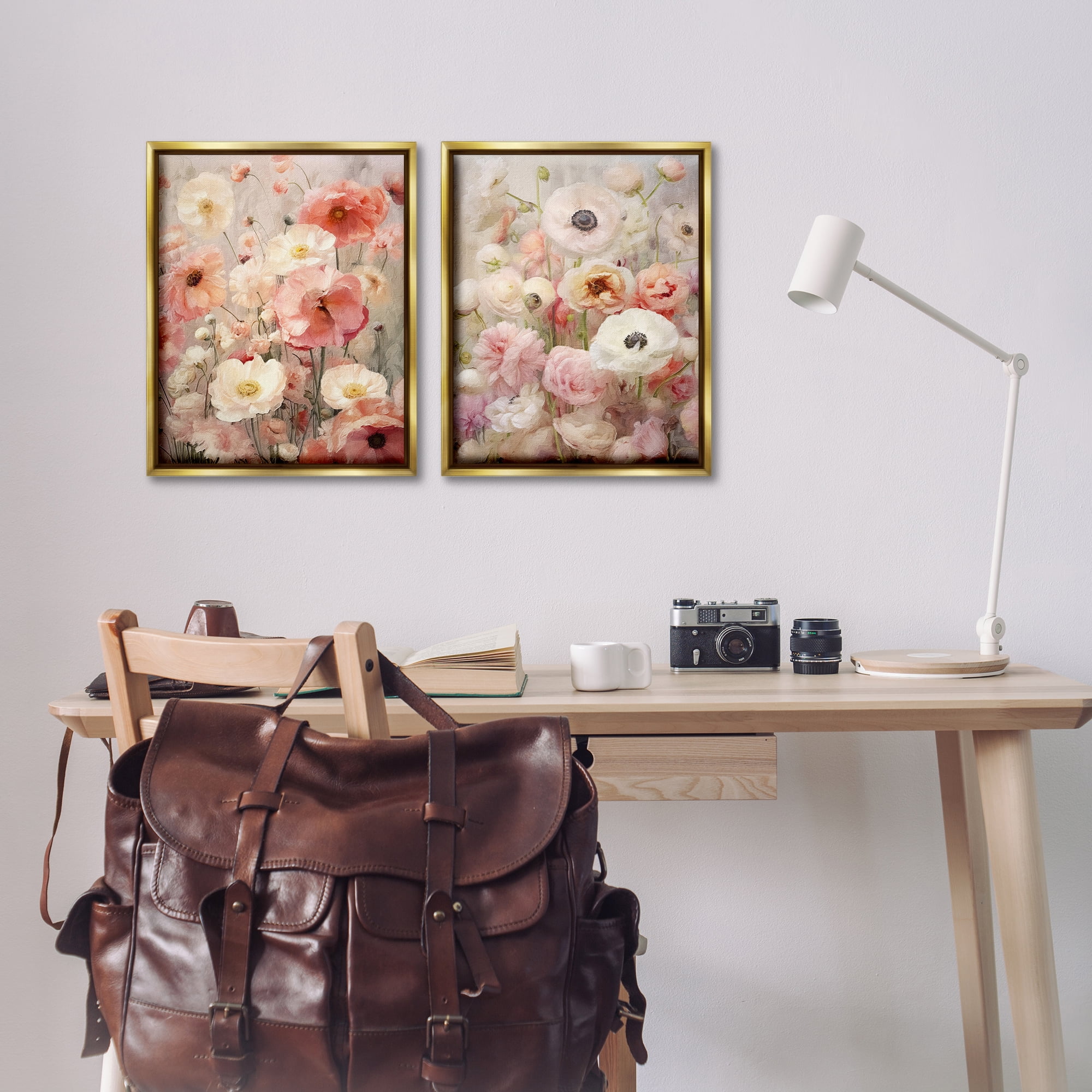 Stupell Industries Blush Floral Flowers Plants & Flowers Painting Gold Floater Framed Canvas Art Print Wall Art, 17 x 21, Set of 2