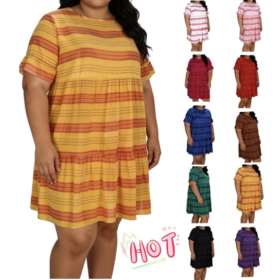 Taqqpue Women Plus Size T Shirt Dress Casual Stripe Printed Crewneck Sundress Loose Fit Short Sleeve Beach Dress for Women