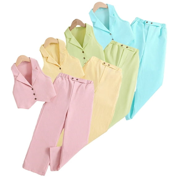 Esaierr Toddler Kids Girls Suit 2 Piece Outfits Solid Colour Sleeveless Vest Cardigan Tops Suit Trousers Summer Set 4-7 Years