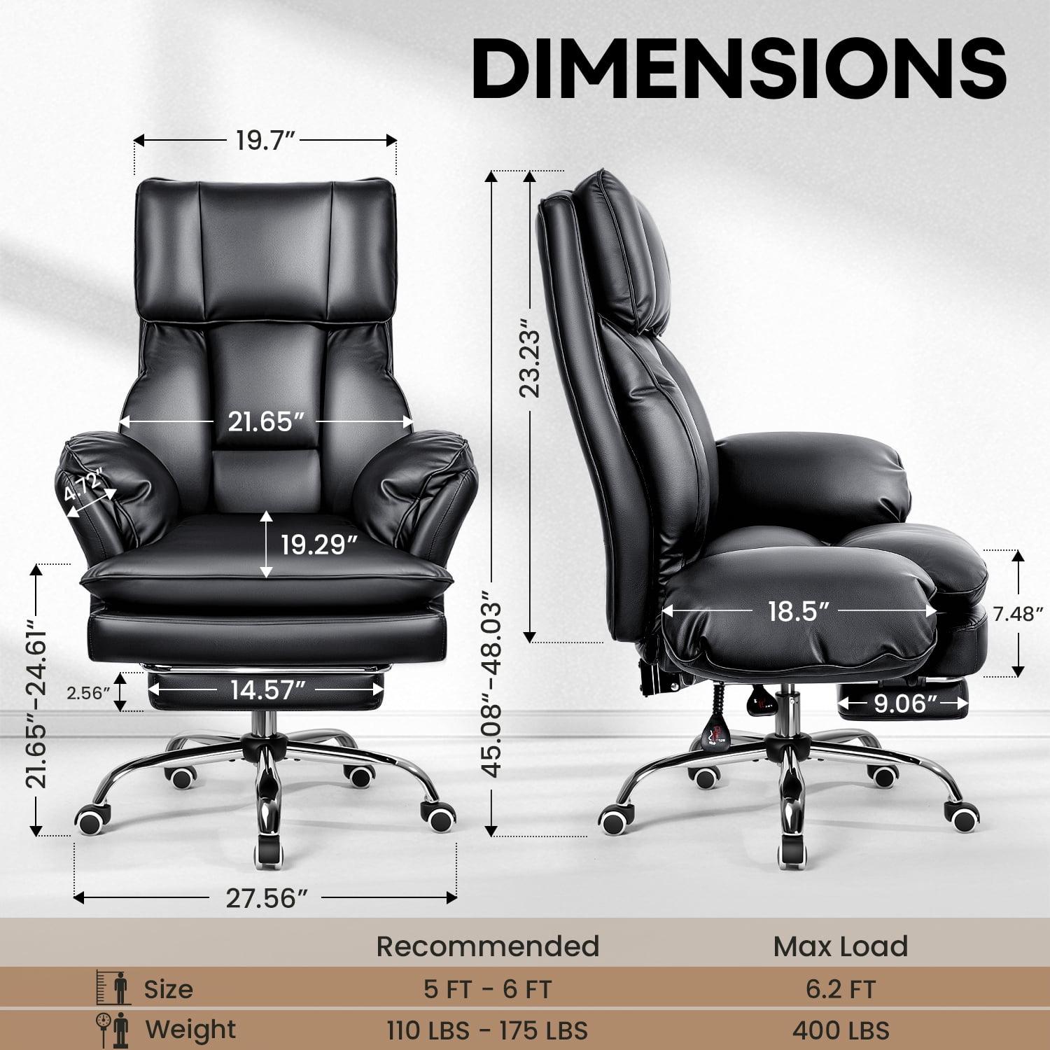 Waleaf 400lbs Executive Office Chair with Footrest, Ergonomic Leather Desk Chair with 180° Flip Armrests for Cross-Legged Sitting & 135° Reclining Back