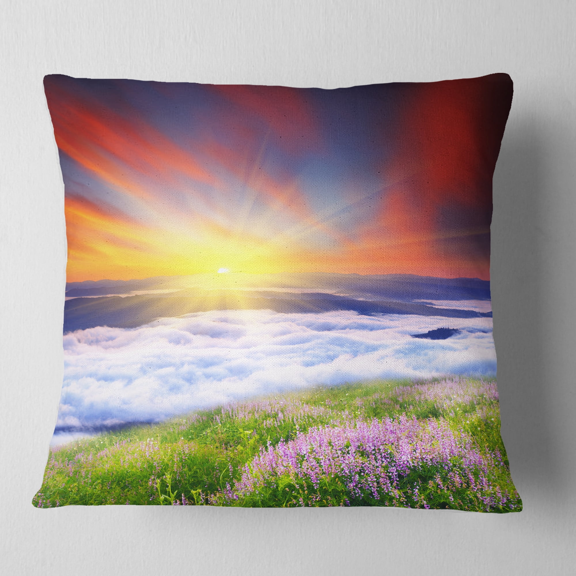 Designart Sunrise with Blooming Flowers - Landscape Printed Throw Pillow - 18x18