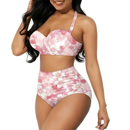 Yuyamidu Cherry Blossom Bathing Suits for Women 2 PCS Pink Beachwear Bikini Sets Elastic Adjustable Strap Swimsuit Novelty Summer Halter Padded Swimwear Size XL
