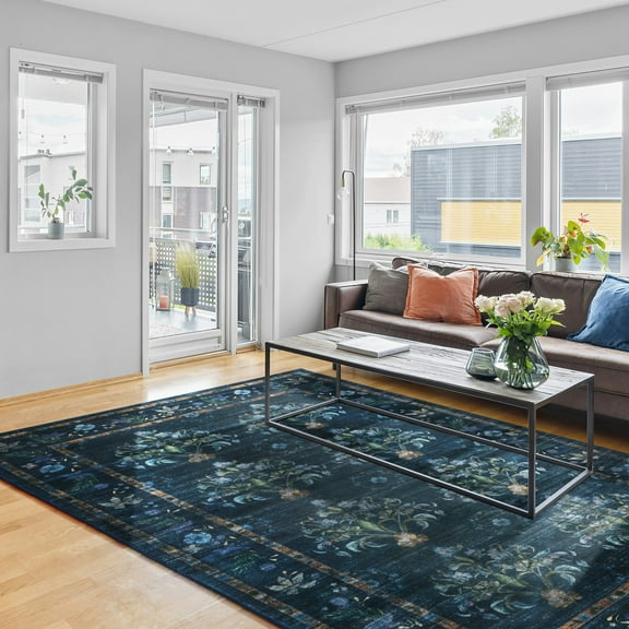 Balacho Farmhouse Floral Bohemian Faux Wool Area Rug, 5' x 8', Dark Blue