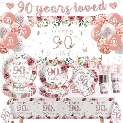 90th Birthday Decorations for Women, Rose Gold Fabulous Happy 90th Birthday Party Supplies, Paper Plate, Napkin, Cup, Backdrop, Balloon, Tablecloth, 90 Years Loved Banner, Cutlery, Serves 24