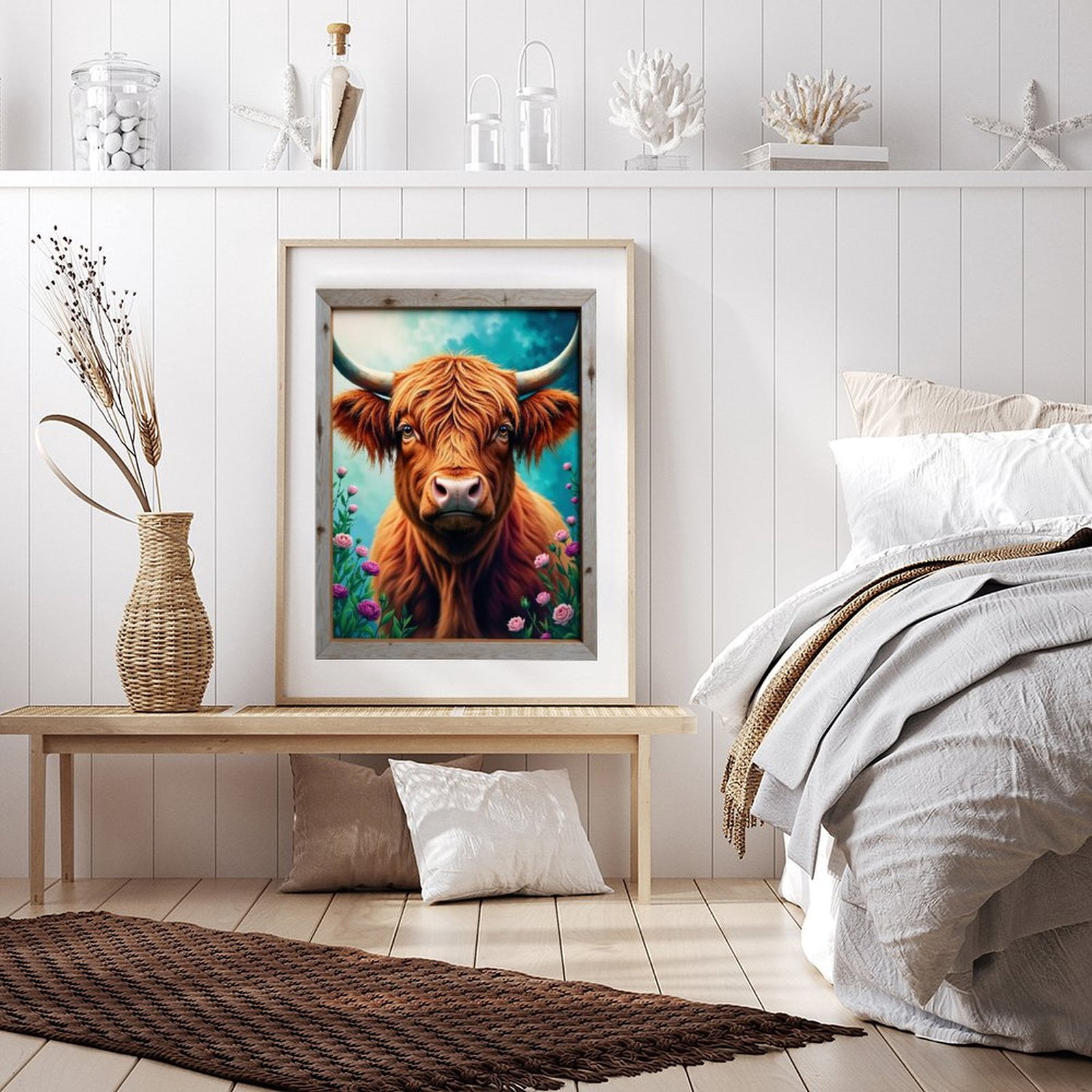 Diamond Art Kit for Adults, Floral Cow Portrait Framed Art Diamond Painting for Adults Beginners, 5D DIY Diamond Art Painting Kits, Colorful Diamond Painting Craft for Home Decor 12x16