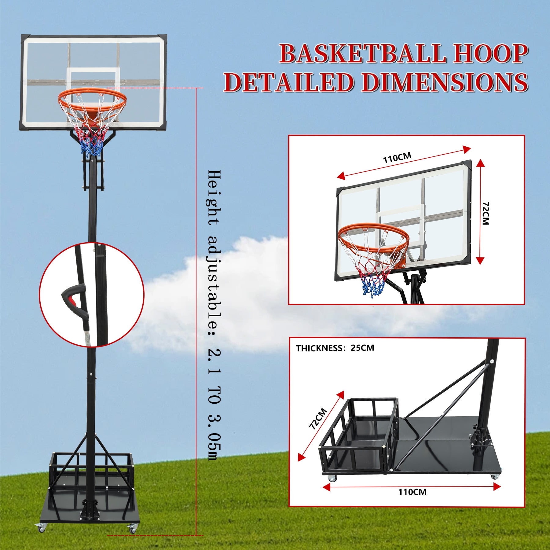 Portable Basketball Hoop, Adjustable Height 8.04 ft to 10.01 ft, 44 inch Backboard with Rebound System, Indoor/Outdoor Goal with Counterweight Bag, Wheels