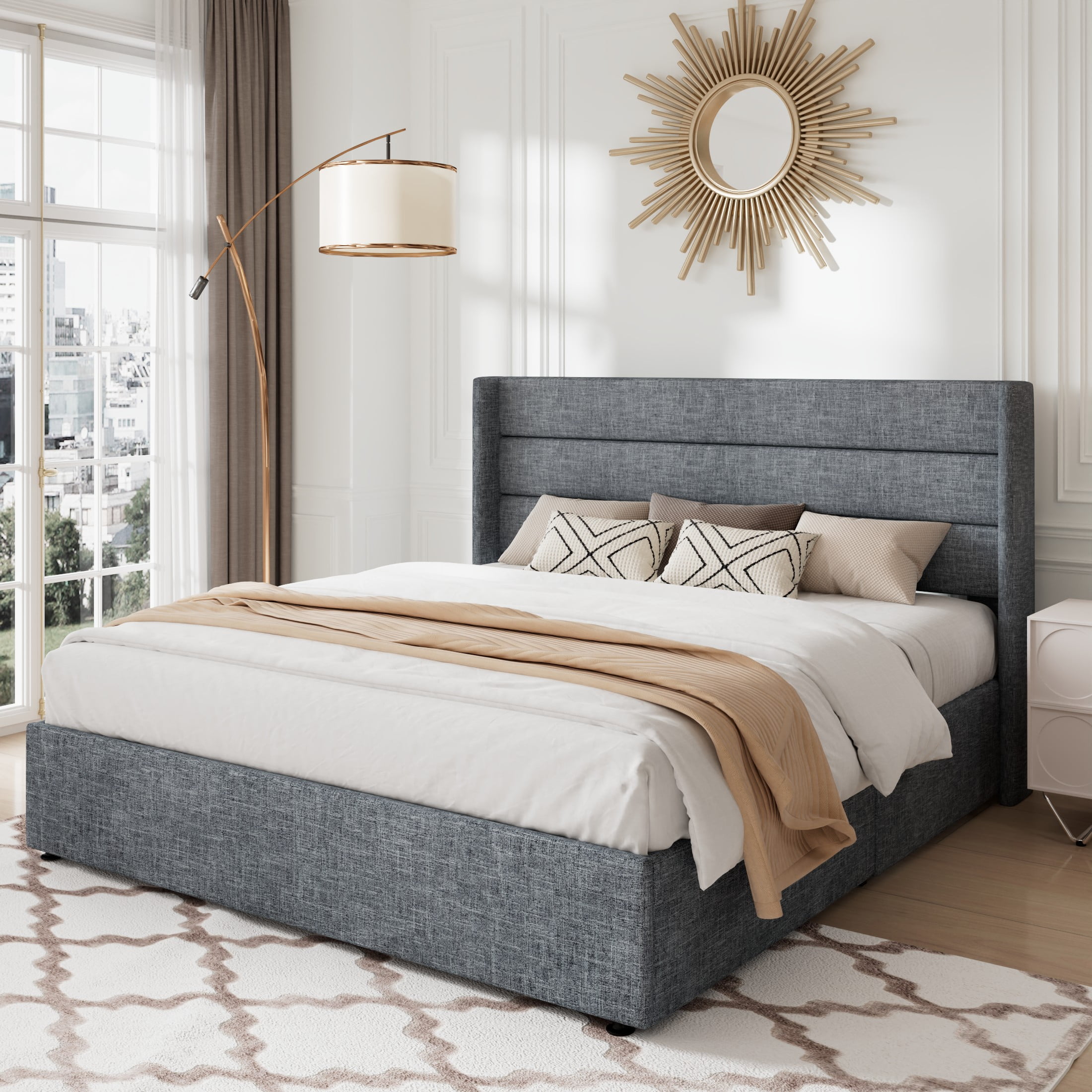 Allewie Full Size Lift Up Platform Storage Bed Frame with Channel Wingback Headboard, Grey Blue
