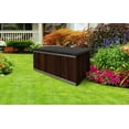 thumbnail image 1 of Foreman 120 Gallon Large Deck Box made from Compact Laminate and Anodized Aluminum with a Dark Grey Seat Cushion, removable Machine Washable cover and Graphite colored All Weather Nylon Deck Box cover, 1 of 4
