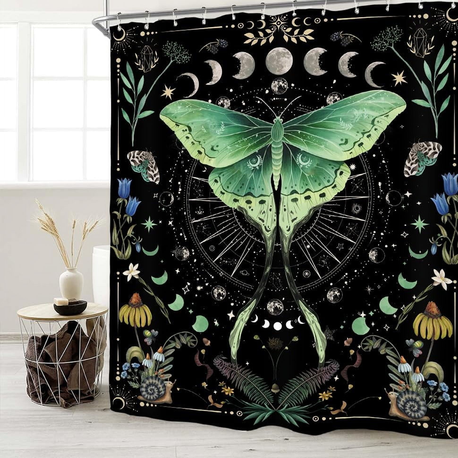 Moth Witchy Gothic Shower Curtain Set 71Wx71H Inches Moon Phase Teal Wildflower Plant Mysterious Night Moonlit Butterfly Botanical Tarot Polyester Bathroom Curtain with 12 Hooks