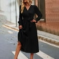 thumbnail image 4 of Lovskoo Women's Long Sleeve Boho Dresses V Neck with Belt Solid Color Flowy Maxi Dresses Tiered Black, 4 of 8