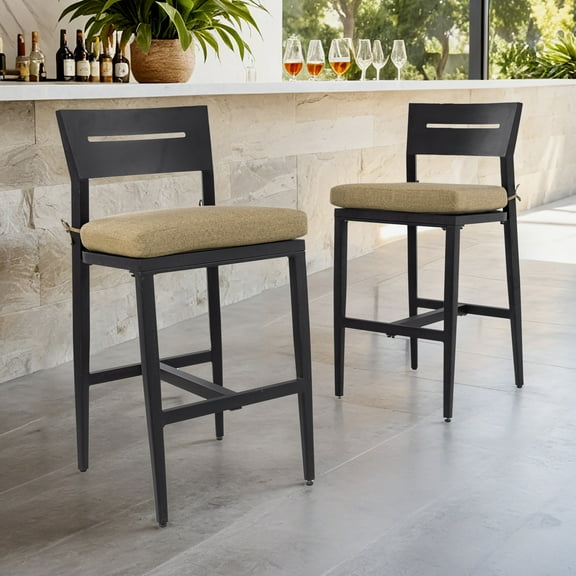 Noble House Aluminum Outdoor Bar Stools, Ergonomic Backrest & Footrest, Sunbrella Linen Sesame, Ember Black, Set of 2