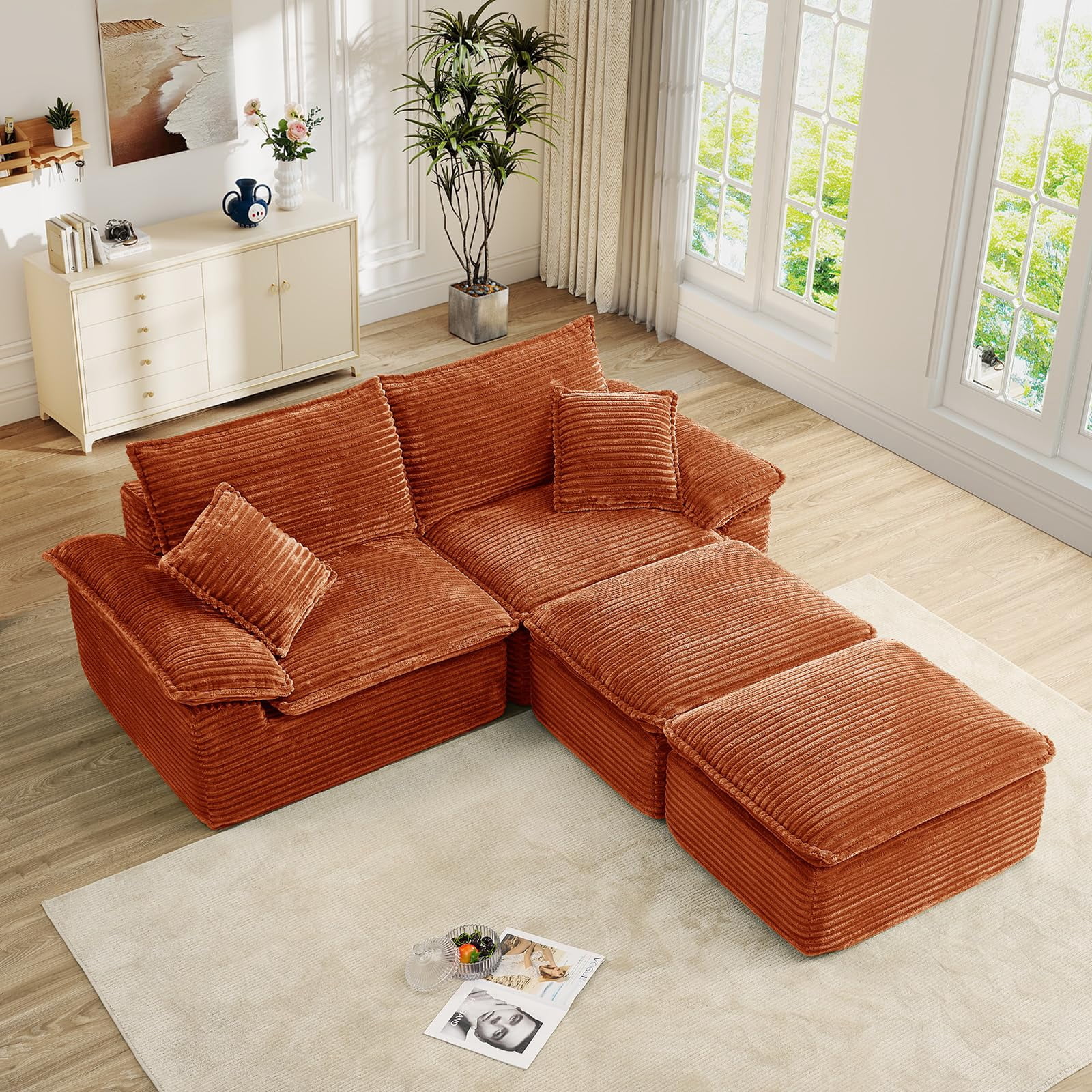 Aukfa 4-Piece Modular Sectional Sofa, Corduroy Convertible Double Chaise Lounge with Ottomans, Orange