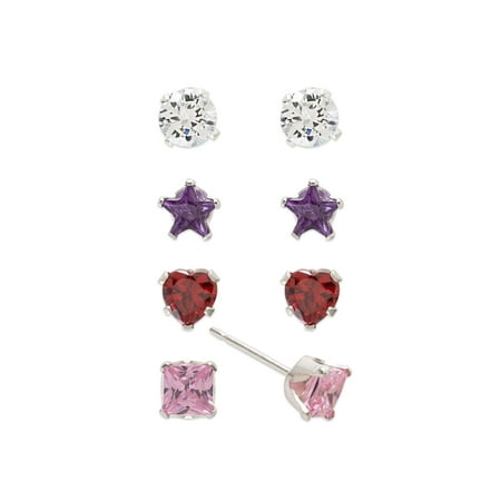 - Girls' Sterling Silver Multi-Color CZ Round, Heart, Star and Square Stud Earrings Set