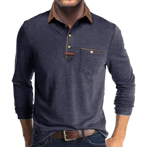 Fnnxeal Mens Polo Shirts Collared Casual Fall Winter Long Sleeve with Pocket Button Dark Blue Lightweight Polos Shirts for Men Size 2XL