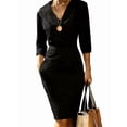 thumbnail image 3 of Women'S Work Dress 3/4 Sleeve V Neck Bodycon Sheath Dress Zipper Up Office Business Dresses with Belt Black XXL, 3 of 5