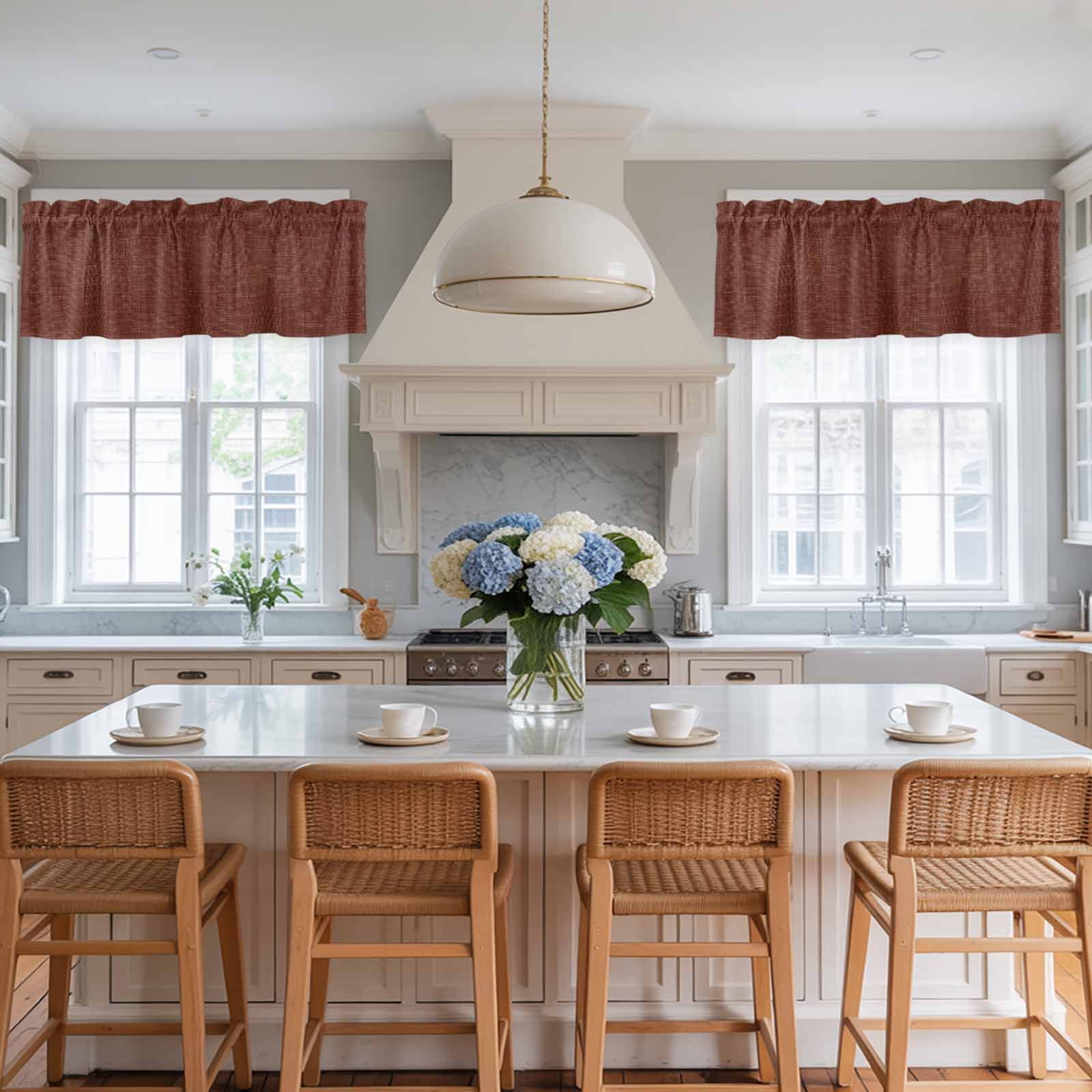 2 Panels Dark Brown Valance for Windows, Farmhouse Burlap Solid Brown Modern Linen Texture Light Filtering Kitchen Curtains, Rod Pocket Window Treatment Curtain Valances for Living Room, 42"x18"
