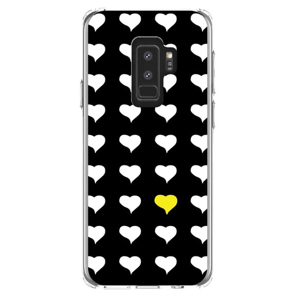 DistinctInk Clear Shockproof Hybrid Case for Samsung Galaxy S9  PLUS (6.2" Screen) - TPU Bumper, Acrylic Back, Tempered Glass Screen Protector - Yellow White Black Repeating Hearts