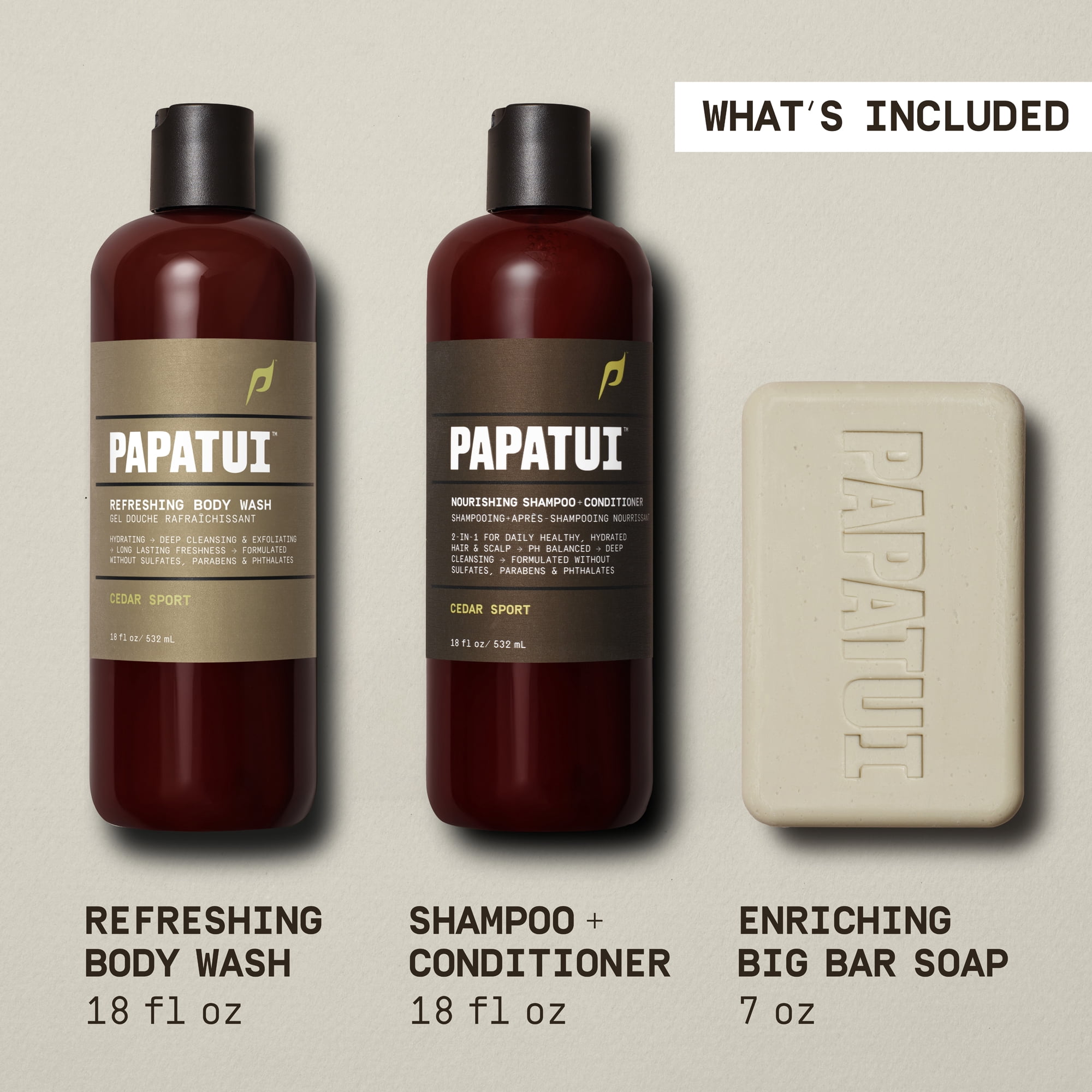 Papatui Holiday Gift Set, Men's Care Shower Pack, Shampoo Conditioner, Body Wash, Big Bar Soap,  Cedar Sport Scent, Full Sizes, Limited Edition