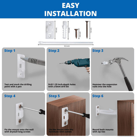 10 Pack Furniture Wall Anchor Straps for Baby Proofing | Heavy Duty Anti Tip Kit - Nylon 6T Material with Brackets