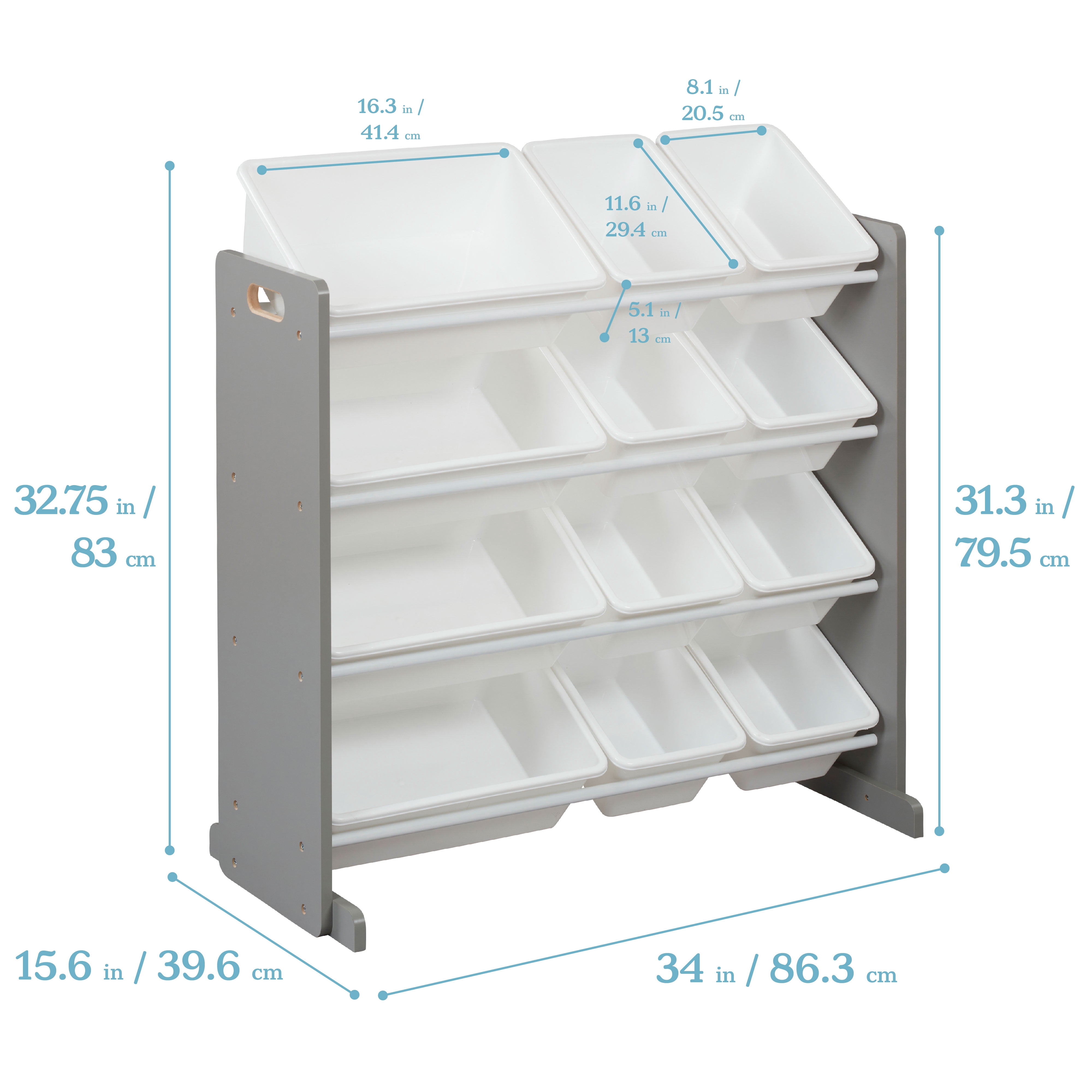 ECR4Kids 4-Tier Organizer with 12 Removable Plastic Bins, 4x3, Toy Storage, Grey/White