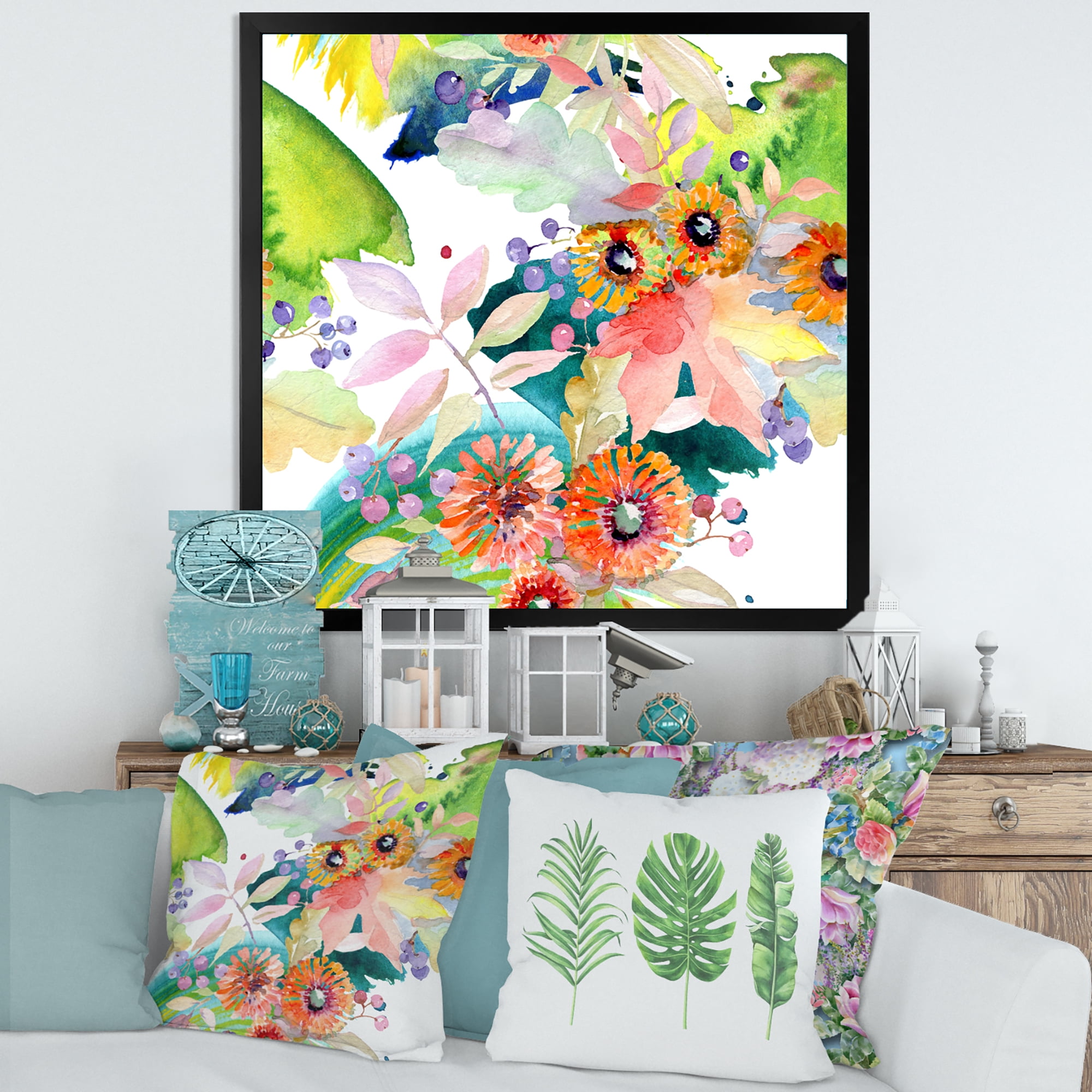 Vital Wild Spring Leaves and Wildflowers III 36 in x 36 in Framed Painting Canvas Art Print, by Designart