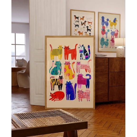 Modern Cat Pattern Art Poster, Bright Animal Illustration Wall Decor, Size 24x36, Unframed Poster