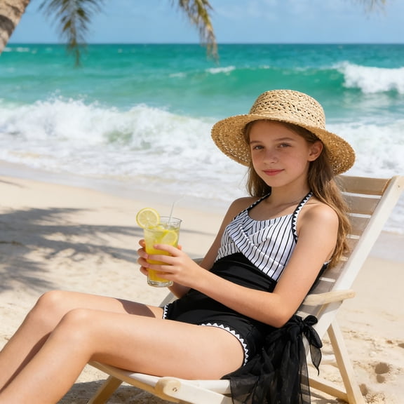 FASHOFT Girls Swimsuit Ruched Adjustable Straps One Piece Bathing Suit with Cover up Skirt for Beach Poor Girls' Swimwear Black 9-10 Years