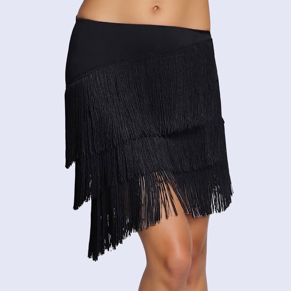 Letdown Women's Tassels Fringe Latin Dance Skirt 3 Tiered Tassel Elastic Waist Modern Ballroom Salsa Tango Samba Rumba Dancewear Ballroom (Black,L)