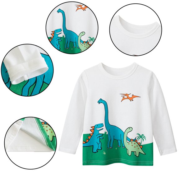 KYAIGUO Toddler Baby Cartoon Dinosaur T Shirt for Boys Long Sleeve Pullover Tees for 1-10 Years Kids Boys Spring Autumn Tops Tees Bottoming Shirt