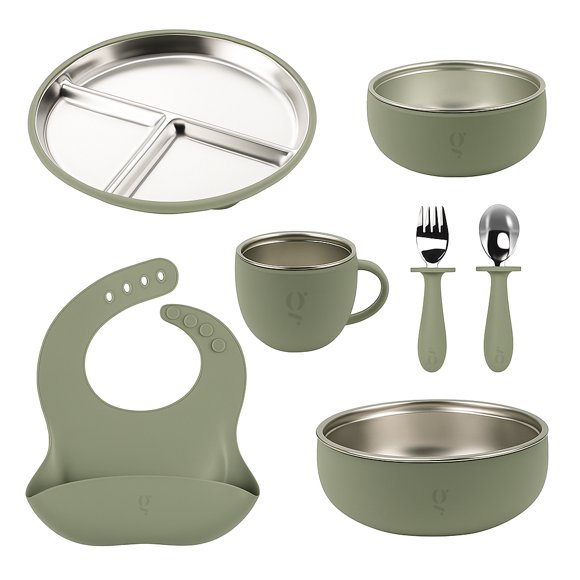 Premium 7-Piece Silicone & Stainless Steel Kids Dinnerware Set | Feeding Set (Green)