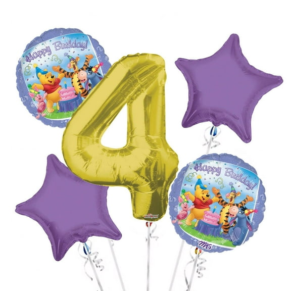 Winnie the Pooh Balloon Bouquet 4th Birthday 5 pcs - Party Supplies