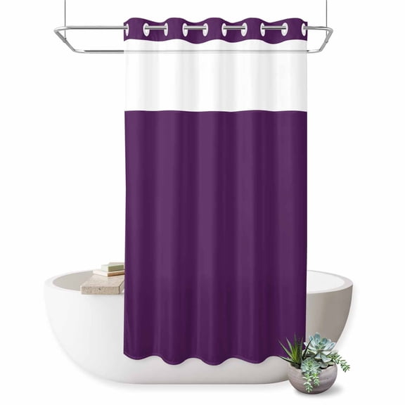 No Hook Shower Curtain, Pure Dark Purple Shower Curtains for Bathroom with See Through Top Window, Simple Solid Color Waterproof & Washable Bath Curtain Stand Up Stall 36"x72"