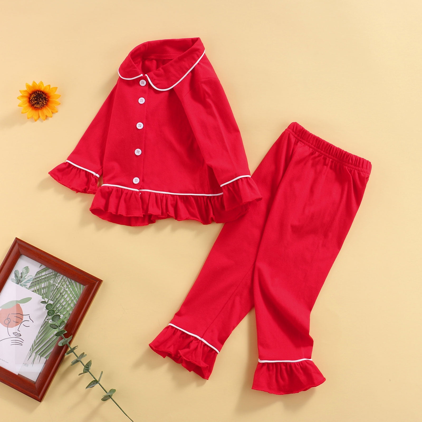 Gupgi Little Girl Solid Pjs Ruffle Long Sleeve Button Shirt Pants 2piece Pajamas Set Red