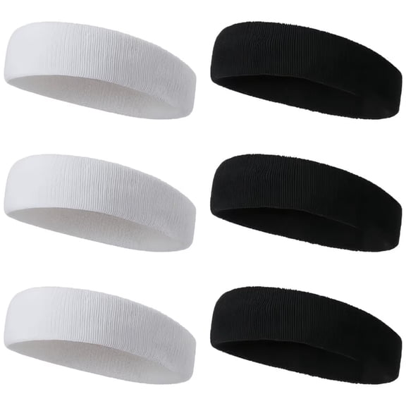 6-Pack Black & White Sports Headbands, Moisture Wicking Athletic Sweatbands for Men & Women