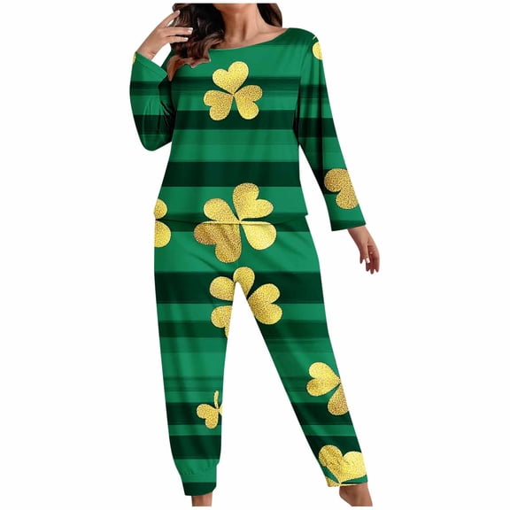 Levmjia Womens Pajama 2 Piece Set Casual Long Sleeve Tops Pants Plus Size St. Patrick Printed Outfit Soft Polyester Sleepwear Home Wear Comfort