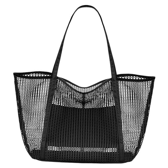 Bolsa de playa de malla, bolsa de almacenamiento, artículos esenciales de playa, multiusos para mujer, bolso de hombro de playa para natación, viaje, Negro