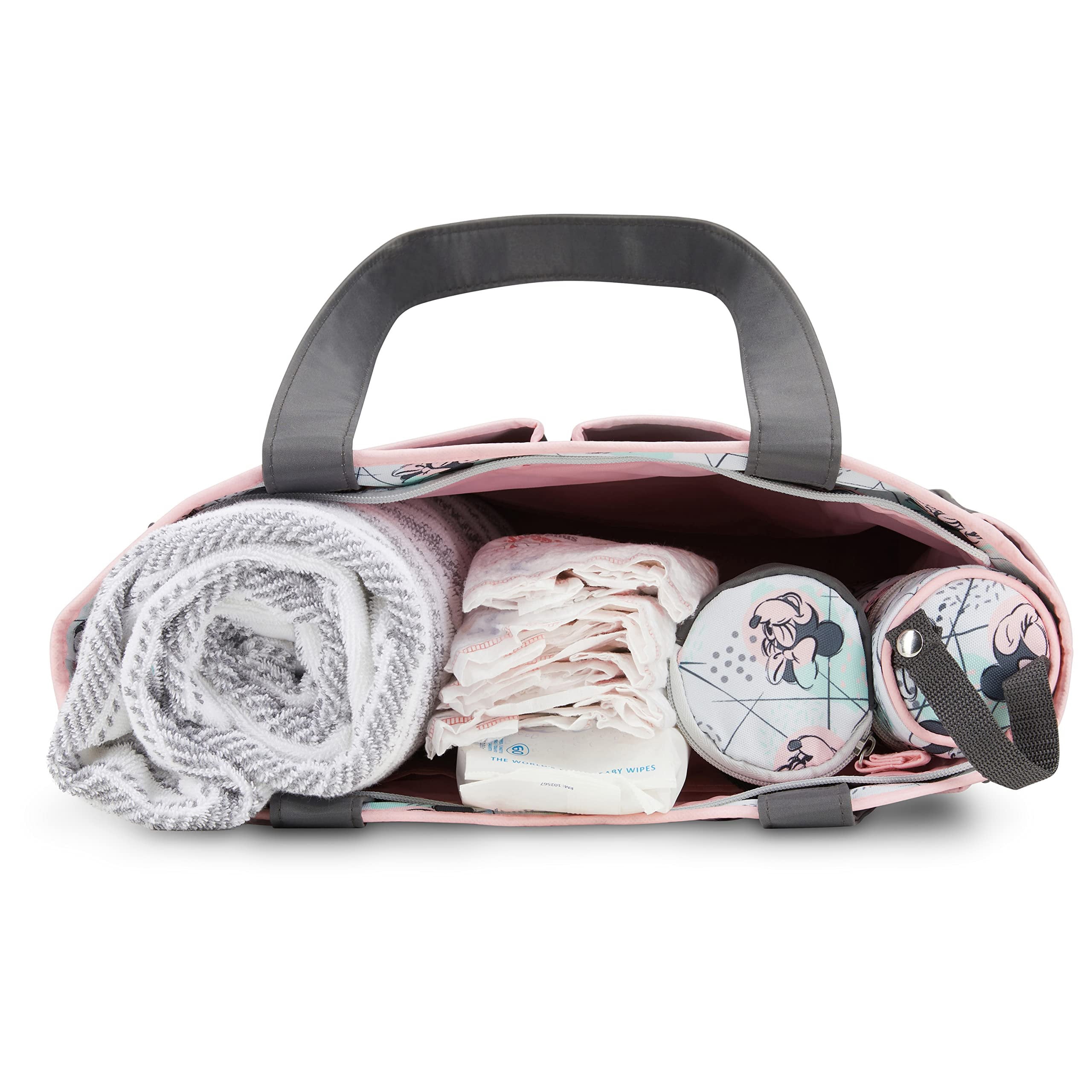 Disney Baby Girl Tote Diaper Bag with Minnie, Gray, 4 Pieces