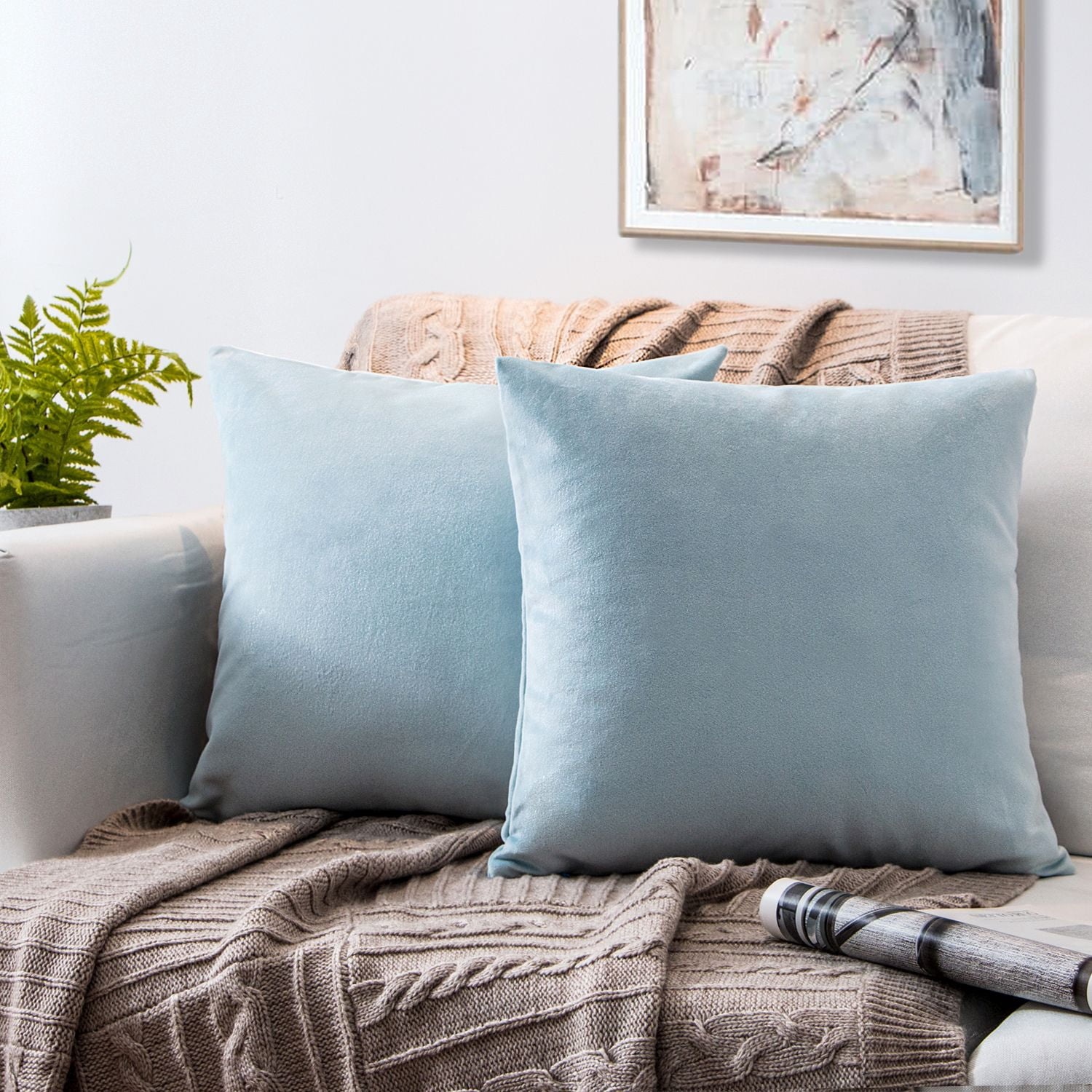 Phantoscope Silky Velvet Decorative Throw Pillows, 20 x 20 in, Light Blue, 2 Pack