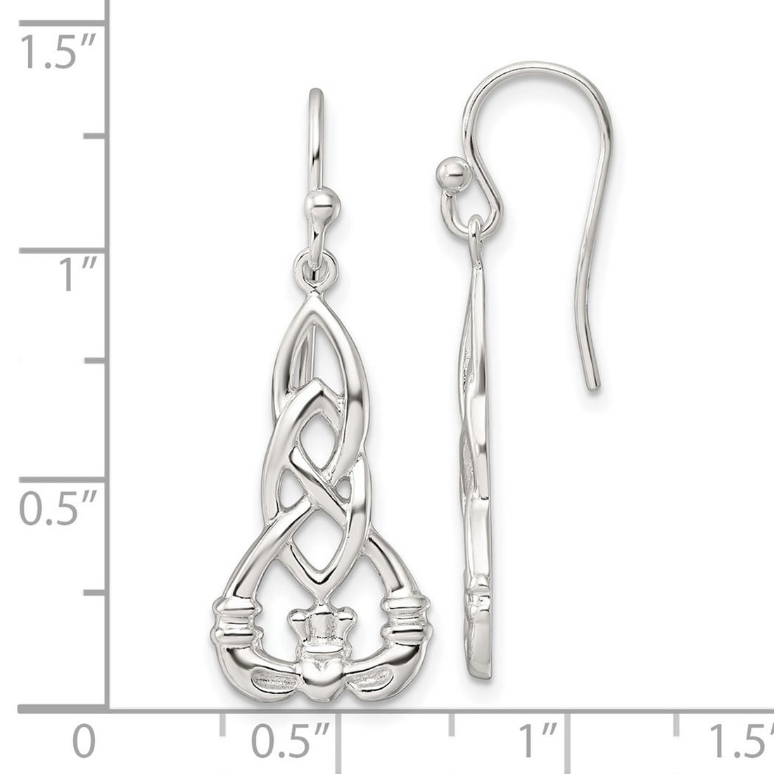 925 Sterling Silver Polished Celtic Knot Claddagh Shepherd Hook Earrings 36.5x12.75mm Wide Stud Earring for Women