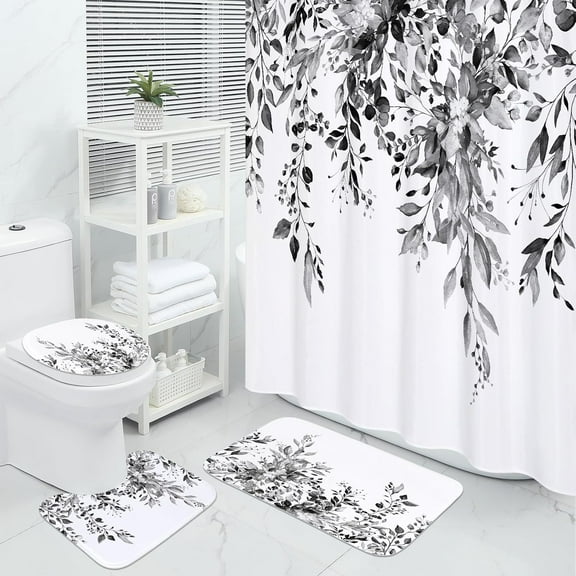 4 Pcs Teal Blue Eucalyptus Bathroom Sets with Shower Curtain and Rugs, Plant Leaves Shower Curtain Sets for Chic Bathroom Decor, Bathroom Decor Curtain Sets with Mats and Accessories