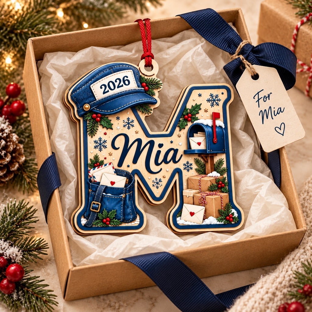 2-Layer Wooden Ornament, Letter M Mia Postal Design for Christmas Tree ...