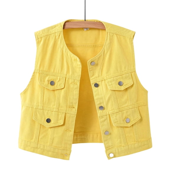 Women Vintage Washed Cropped Denim Vests, Round Neck Sleeveless Jean Jackets Fashion Streetwear Waistcoat Yellow Women's Lightweight Jackets XL