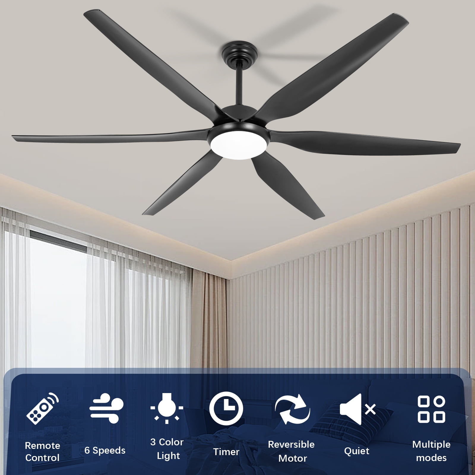 Wozzio 65 inch Ceiling Fan with Light and Remote, 3CCT Dimmable LED Light, 6 Black ABS Blades, Indoor & Outdoor