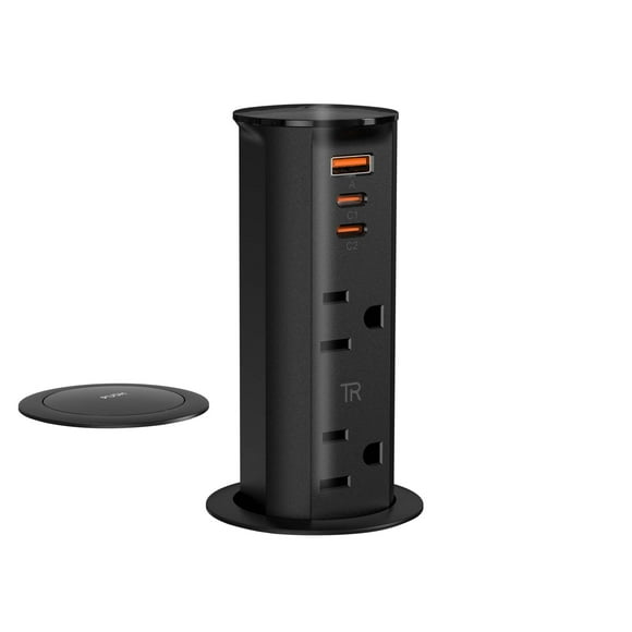 ANNQUAN Économiseur d'Espace 2 Pouces pour Comptoir avec Ports USB PD20W, 2 Prises Résistantes au Tamper, Prise Anti-Éclaboussures, Passe-Partout pour Bureau Maison Cuisine Noir