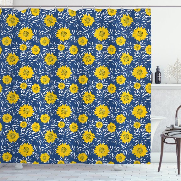 Ambesonne Flower Shower Curtain, Lily Blossoms Paintbrush, 69"Wx84"L, Dark Blue Yellow White