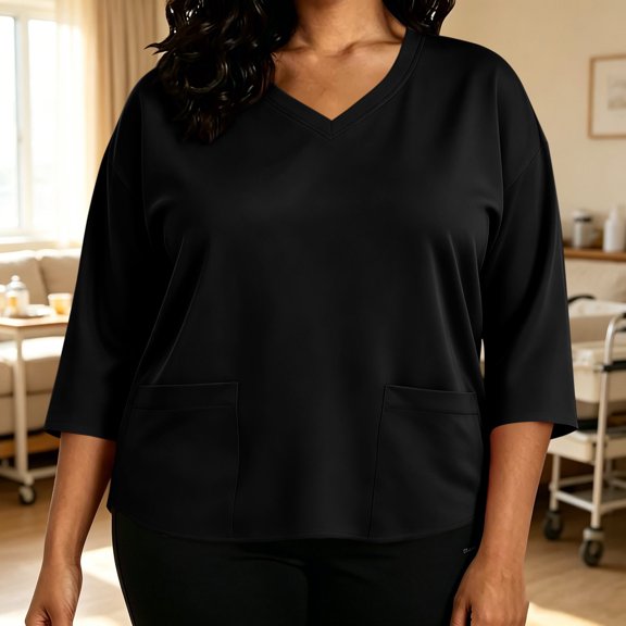 thefmos Women's V Neck 3/4 Sleeve Pullover Blouse with Pocket Plus Size Solid Color Casual Top Trendy Fall Spring Outfit, Black 2XL